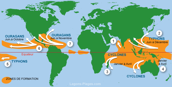 Carte mondiale de formation des cyclones, ouragans et typhons