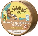 Graisse à traire scintillante, Marque Soleil des îles, parfum monoi Ultra bronzante indice 0 en boite
