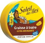Graisse à traire, Marque Soleil des îles, parfum Vanille Ultra bronzante indice 3 en boite