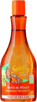 Huile au monoi, Marque Soleil des îles, bronzage progressif indice 15 en flacon