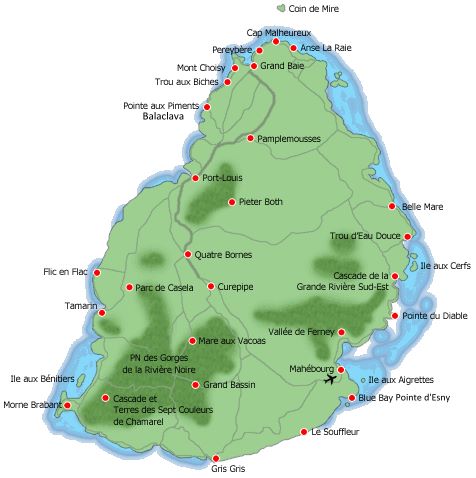 Carte des plages de l'île Maurice